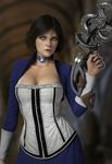  artist_request artstation_sample bioshock bioshock_infinite blue_eyes breasts brown_hair bustier cleavage collar elizabeth_(bioshock_infinite) highres holding holding_weapon image_sample open_mouth photorealistic realistic short_hair solo weapon wrist_cuffs 