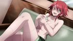  breasts covering covering_breasts heterochromia large_breasts monster_girl monster_musume_no_iru_nichijou monster_musume_no_iru_nichijou_online red_hair short_hair smile solo topless zombina 