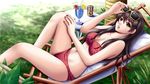  bikini black_hair breasts brown_eyes cleavage drink female food fruit glasses ilolamai long_hair lying navel on_back original parted_lips solo summer sunglasses swimsuit 