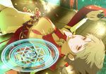  blonde_hair bridal_gauntlets chain covered_nipples detached_sleeves earrings flat_chest inugami_mokekiyo jewelry lens_flare looking_at_viewer lying magic_circle navel on_back open_mouth original short_hair solo string_panties suggestive_fluid yellow_eyes 