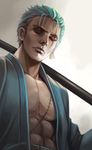  aqua_hair banned_artist blue_shirt brown_eyes closed_mouth collarbone expressionless facial_scar jewelry lips male_focus one_eye_closed one_piece open_clothes open_shirt over_shoulder roronoa_zoro sash scar scar_across_eye shirt single_earring solo staff upper_body yinan_cui 