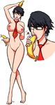  areolae artist_name banana bayonetta bayonetta_(character) bayonetta_2 between_breasts black_hair blue_eyes breasts cosplay donkey_kong_country earrings eyeshadow feet glasses heart large_breasts legs_crossed lips lips_parted lipstick makeup mole mole_under_mouth navel necktie necktie_between_breasts nipples no_pussy nude one_eye_closed parted_lips sexually_suggestive short_hair simple_background solo spoken_heart standing tie tiptoes toes wink xxxx52 
