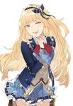  :d bangs blonde_hair blue_skirt cagliostro_(granblue_fantasy) duoyuanjun finger_to_cheek frilled_skirt frills granblue_fantasy hair_ribbon hairband highres long_hair looking_at_viewer open_mouth purple_eyes ribbon school_uniform skirt smile smirk solo standing white_background 