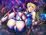 aisha_clarisse aquamarine_eyes ass blonde_hair blue_eyes bodysuit breasts cyborg large_breasts long_hair open_mouth ponytail restrained taimanin_asagi_battle_arena tentacle weapon zol 