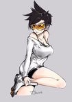  bare_shoulders black_hair breasts earrings goggles jewelry large_breasts lavender_background leg_lift overwatch relaxjon short_hair simple_background solo thighs tracer_(overwatch) 