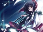  backlighting black_hair copyright_request highres japanese_clothes light_particles long_sleeves looking_down miko open_hand red_eyes solo tenmu_shinryuusai wallpaper 