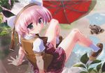  beret blush from_behind full_body green_eyes hat komatsu_eiji lake looking_back magi-cu pink_hair pleated_skirt puffy_short_sleeves puffy_sleeves red_skirt scenery short_hair short_sleeves sitting skirt solo umbrella wallpaper water 