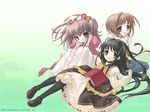  :d :o black_hair blush book bow bowtie brown_eyes brown_hair buttons duplicate full_body glasses gradient gradient_background green_background green_eyes hair_ribbon highres itou_noiji juliet_sleeves kneehighs komorebi_ni_yureru_tamashii_no_koe kouenji_ayana long_sleeves looking_at_viewer lying mary_janes multiple_girls on_back open_book open_mouth puffy_sleeves ribbon school_uniform serafuku shoes simple_background smile sui_(komorebi) tachibana_koharu two_side_up yellow_eyes 