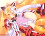  animal_ears armor blonde_hair blush crotch flat_chest fox_tail galge.com leg_lift long_hair lying mask multiple_tails on_back red_eyes shinozuka_atsuto solo spread_legs tail thighhighs twintails very_long_hair wallpaper 