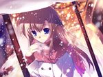  2005 blonde_hair blue_eyes christmas highres long_hair mikeou original scarf snow snowing solo wallpaper 