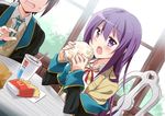  1girl blazer blush brown_hair cardigan chair cup disposable_cup drinking_straw dutch_angle food french_fries gj-bu hair_between_eyes hamburger highres holding holding_food indoors jacket long_hair long_sleeves mcdonald's mousou_(mousou_temporary) necktie open_mouth purple_eyes purple_hair school_uniform shinomiya_kyouya short_hair sitting sumeragi_shion table window you're_doing_it_wrong 