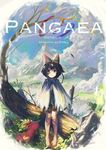  animal_ears artist_name barefoot bird black_hair blurry border brown_eyes cloud copyright_name cover cover_page day depth_of_field doujin_cover fantasy field gloves goggles goggles_on_head hands_on_lap highres in_tree leaf legs_together mountain original pine_(yellowpine112) rock scenery short_hair shorts sitting sitting_in_tree sky smile solo tree wind 