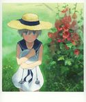  :&gt; alternate_costume blue_eyes blush collarbone dress field flower grass grey_hair hat hat_removed headwear_removed holding hollyhock kantai_collection looking_at_viewer looking_up outdoors plant sailor_dress sailor_hat shadow shijukara_(great_tit) short_hair sleeveless sleeveless_dress smile solo straw_hat sun_hat traditional_media watercolor_(medium) z1_leberecht_maass_(kantai_collection) 