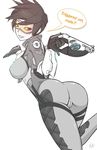  ass back bent_over blush bodysuit breasts brown_hair english erect_nipples fatelogic from_behind goggles gun looking_at_viewer naughty_face no_panties overwatch pussy short_hair smile spandex teeth tracer_(overwatch) vest weapon 