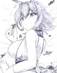  1girl absurdres aircraft airplane bare_shoulders blush breasts collar commentary english_commentary flying_sweatdrops from_behind giantess greyscale hank88 highres holding kantai_collection large_breasts looking_at_viewer looking_back monochrome mutsu_(kantai_collection) short_hair sideboob solo_focus surprised underbust 
