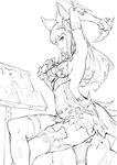 animal_ears arm_behind_head armpits backless_dress backless_outfit bangs bare_shoulders blunt_bangs breasts cleavage drawing dress easel elbow_gloves erune gloves granblue_fantasy greyscale haoni holding holding_pen korwa left-handed lineart long_hair looking_at_viewer looking_to_the_side medium_breasts monochrome pen quill sideboob sidelocks sitting smile solo stool thighhighs 