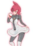  boots breasts covered_navel covered_nipples grey_footwear holding holding_poke_ball mars_(pokemon) medium_breasts pantyhose poke_ball pokemon pokemon_(game) pokemon_dppt red_eyes red_hair short_hair simple_background skin_tight solo team_galactic uniform white_background zaitsu 