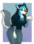  anthro breasts canine clothed clothing female hiddenwolf looking_at_viewer mammal one_eye_closed simple_background solo standing 
