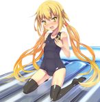  blonde_hair crescent crescent_hair_ornament hair_ornament inflatable_raft kantai_collection kneeling long_hair low_twintails one-piece_swimsuit remodel_(kantai_collection) satsuki_(kantai_collection) school_swimsuit solo swimsuit thighhighs tomineko_(tomineko_p) twintails yellow_eyes 