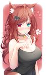  animal_ear_fluff animal_ears bell bell_choker blush breasts brown_hair cat_ears cat_tail choker cleavage collarbone flying_sweatdrops green_eyes heterochromia highres jingle_bell kekeji large_breasts long_hair looking_at_viewer original paw_print red_eyes simple_background solo tail translated upper_body 