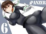  ass belt blush bodysuit breasts brown_eyes brown_hair covered_nipples girls_und_panzer gloves hair_between_eyes large_breasts long_sleeves looking_at_viewer looking_back nishizumi_maho short_hair skin_tight smile solo white_gloves yottan 