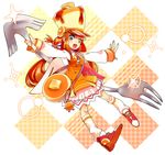  :3 :d argyle argyle_background asymmetrical_wings bad_id bad_pixiv_id bag blue_nails bow brown_eyes brown_hair butter eyebrows food fork full_body hair_bow hat highres kneehighs long_hair looking_at_viewer morinaga_(brand) multicolored_bow nail_polish open_mouth orange_skirt original osaki_naya oversized_object pancake personification pink_nails red_footwear shako_cap shoes skirt smile solo striped striped_bow syrup thick_eyebrows white_legwear wings 