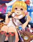  :3 :d alice_in_wonderland alternate_costume animal_ears bag bangs black_legwear black_skirt blonde_hair bow bunny_ears buttons candy candy_cane card carrying_over_shoulder cat chain checkered clock club_(shape) crescent diamond_(shape) eyebrows eyebrows_visible_through_hair fang food frills fur_trim gears glasses hair_between_eyes hair_bow hair_ribbon heart highres holding holding_food jacket_on_shoulders kneehighs lollipop miniskirt open_mouth panties pantyshot pantyshot_(sitting) pince-nez pleated_skirt pocket_watch red_eyes ribbon roman_numerals rumia shade shiron_(e1na1e2lu2ne3ru3) shirt short_hair shoulder_bag sitting skirt smile solo spade_(shape) star touhou underwear watch white_panties white_shirt 
