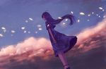  ahoge arms_at_sides clenched_hand cloud dark dress dutch_angle light_particles long_hair looking_afar original purple_hair sakimori_(hououbds) sky solo star_(sky) twilight wind 