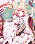  animal_ears bell blonde_hair breasts brown_eyes brown_gloves collarbone covered_nipples eyeshadow fan folding_fan fox_ears furisode gloves highres holding holding_fan hoshi_rousoku japanese_clothes jingle_bell kimono konko_(merc_storia) long_hair makeup medium_breasts merc_storia multicolored_hair obi origami paper_crane red_hair ribbon-trimmed_sleeves ribbon_trim sash slit_pupils solo triangle_mouth two-tone_hair very_long_hair wide_sleeves 