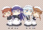  &gt;_o akatsuki_(kantai_collection) alternate_costume alternate_hairstyle bespectacled blue_eyes blue_hair braid brown_eyes brown_hair chibi enmaided folded_ponytail glasses hair_ornament hairclip hand_on_hip hands_on_hips hibiki_(kantai_collection) hinata_yuu ikazuchi_(kantai_collection) inazuma_(kantai_collection) kantai_collection long_hair looking_at_viewer maid maid_headdress multiple_girls one_eye_closed open_mouth short_hair silver_hair single_braid smile 