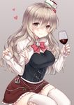  breasts brown_eyes cup drinking_glass grey_hair heart kantai_collection large_breasts long_hair miniskirt pola_(kantai_collection) skirt smile solo thighhighs wavy_hair wine_glass yuzu-aki zettai_ryouiki 