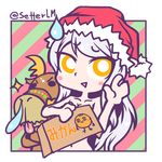  blitzen blush_stickers christmas covering covering_breasts crossed_arms eve_santaclaus eyebrows eyebrows_visible_through_hair food fruit hat idolmaster idolmaster_cinderella_girls long_hair nose_bubble nude open_hand orange reindeer santa_hat setter_(seven_stars) striped striped_background sweatdrop tongue tongue_out twitter_username white_hair yellow_eyes 