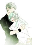  1girl admiral_shinonome_harutora aqua_hair bad_id bad_twitter_id bandages commentary hug jacket_over_shoulder kantai_collection nagomi_(mokatitk) smile suzuya_(kantai_collection) wristband 