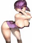  1girl ass bare_shoulders bending_forward breasts cleavage covered_nipples fumio_(rsqkr) ghost_in_the_shell hand_in_hair highres kusanagi_motoko large_breasts leotard looking_at_viewer purple_hair short_hair simple_background thick_thighs thighs 