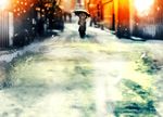  blurry city depth_of_field holding lens_flare motoori_kosuzu road scarf snow snowing solo street touhou umbrella vanishing_point walking winter_clothes yoshioka_yoshiko 