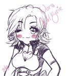  ;3 artist_name blush breasts character_name cleavage_cutout elbow_gloves eyelashes female freckles gloves heart_cutout lineart long_hair looking_at_viewer monochrome nora_valkyrie rwby signature simple_background solo spot_color tinyqote upper_body white_background wink 