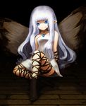  aerie_(bravely_default) bad_id bad_pixiv_id bare_shoulders blue_eyes bravely_default:_flying_fairy bravely_default_(series) collarbone dress fairy kurage_(kurageru) long_hair pointy_ears short_dress silver_hair sitting smile solo strapless strapless_dress thigh_strap very_long_hair wings 
