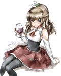  alcohol brown_eyes cup drinking_glass grey_hair hat highres kantai_collection kazu_(really_in_hot_water_now) long_hair mini_hat pantyhose pola_(kantai_collection) solo wavy_hair wine wine_glass 