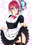  apron black_legwear bloodcatblack blue_bow blue_eyes bow bowtie breasts center_frills choker closed_mouth cowboy_shot dress dress_lift eyebrows eyebrows_visible_through_hair frilled_apron frilled_dress frills garter_straps hair_between_eyes hair_bow heart highres lifted_by_self long_hair looking_at_viewer maid maid_headdress medium_breasts panties phantasy_star phantasy_star_online_2 plaid_neckwear ponytail red_bow red_hair red_neckwear short_sleeves side-tie_panties signature solo underwear upskirt waist_apron white_apron white_background white_panties yasaka_hitsugi 