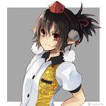  alternate_hairstyle artist_name bad_id bad_twitter_id blush brown_hair collared_shirt dress_shirt hat leaf_print nuqura pointy_ears pom_pom_(clothes) ponytail puffy_short_sleeves puffy_sleeves shameimaru_aya shirt short_hair short_sleeves simple_background smile solo tokin_hat touhou upper_body 