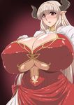  alicia_(granblue_fantasy) blush breasts cleavage curvy gigantic_breasts granblue_fantasy horns long_hair looking_at_viewer open_mouth pointy_ears puffy_nipples red_eyes silver_hair solo wide_hips yukimaru_(gojo) 