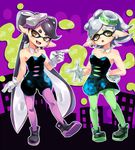  2girls ankle_boots aori_(splatoon) black_dress black_footwear black_hair boots brown_eyes commentary_request detached_collar domino_mask dress earrings fangs food food_on_head gloves green_legwear grey_hair hand_on_hip hotaru_(splatoon) jewelry long_hair looking_at_viewer mask mole mole_under_eye multiple_girls object_on_head open_mouth pantyhose pointy_ears purple_legwear short_dress short_hair short_jumpsuit smile splatoon_(series) splatoon_1 standing strapless strapless_dress tentacle_hair tsukimura white_gloves 