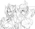  ahoge bare_shoulders breasts cleavage elbow_gloves female gloves highres kos-mos large_breasts long_hair monochrome multiple_girls negresco nipples sketch t-elos underboob xenosaga 