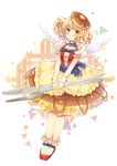  blonde_hair bobby_socks brown_eyes brown_skirt food food_themed_clothes food_themed_hair_ornament fork frilled_skirt frills full_body hair_ornament hanao_kawori knife layered_skirt looking_at_viewer morinaga_(brand) original oversized_object pancake personification petticoat rainbow_background red_footwear shoes short_hair skirt smile socks solo standing white_legwear white_wings wings yellow_skirt 