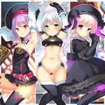  armpits arms_up bandaged_arm bandages bare_shoulders braid breasts craytm detached_sleeves dress fate/apocrypha fate/extra fate/grand_order fate_(series) flat_chest green_eyes hat helena_blavatsky_(fate/grand_order) jack_the_ripper_(fate/apocrypha) looking_at_viewer micro_panties midriff multiple_girls navel nursery_rhyme_(fate/extra) panties purple_eyes purple_hair scar short_hair silver_hair smile thighhighs tree_of_life twin_braids underwear white_sleeves 