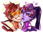  goggles multiple_girls overwatch purple_skin smile tracer_(overwatch) widowmaker_(overwatch) 