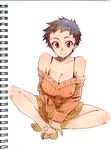  bare_legs bare_shoulders barefoot breasts brown_eyes brown_hair cleavage commentary_request hatching_(texture) highres indian_style kusanagi_tonbo large_breasts mixed_media original scan short_hair simple_background sitting sketch smile solo traditional_media 