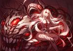  breasts central_hime cracked_skin gods_(1073337800) highres horns kantai_collection lips long_hair looking_away medium_breasts open_mouth pale_skin red_eyes shinkaisei-kan sitting very_long_hair white_hair white_skin 