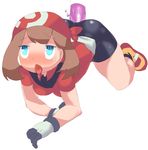  all_fours bike_shorts blush cameltoe haruka_(pokemon) lubricant man0. nintendo pokemon saliva short_hair small_breasts solo tears tongue tongue_out white_background 