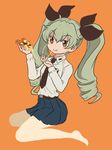  anchovy anzio_school_uniform bangs brown_eyes cheese_trail drill_hair eating food girls_und_panzer green_hair hair_ribbon holding holding_food holding_pizza kneeling miniskirt necktie otoufu pantyhose pizza pleated_skirt ribbon shirt skirt solo twin_drills 